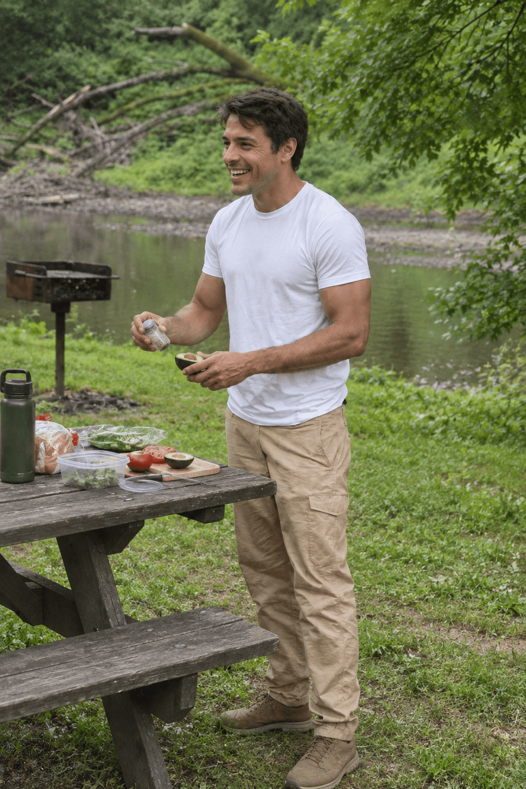 Illustrative AI edit of a similar-looking person preparing food at a riverside picnic table